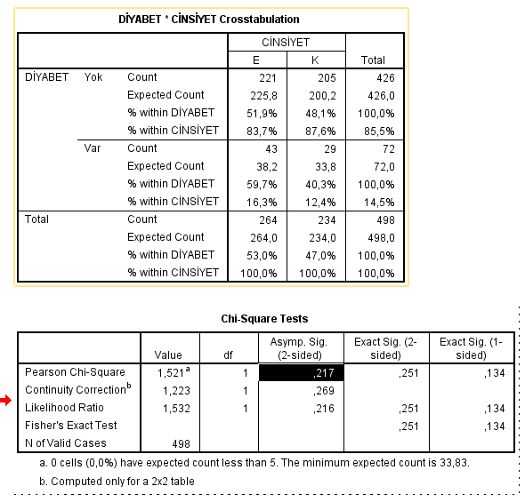 SPSS ki-kare analizi arayüzü